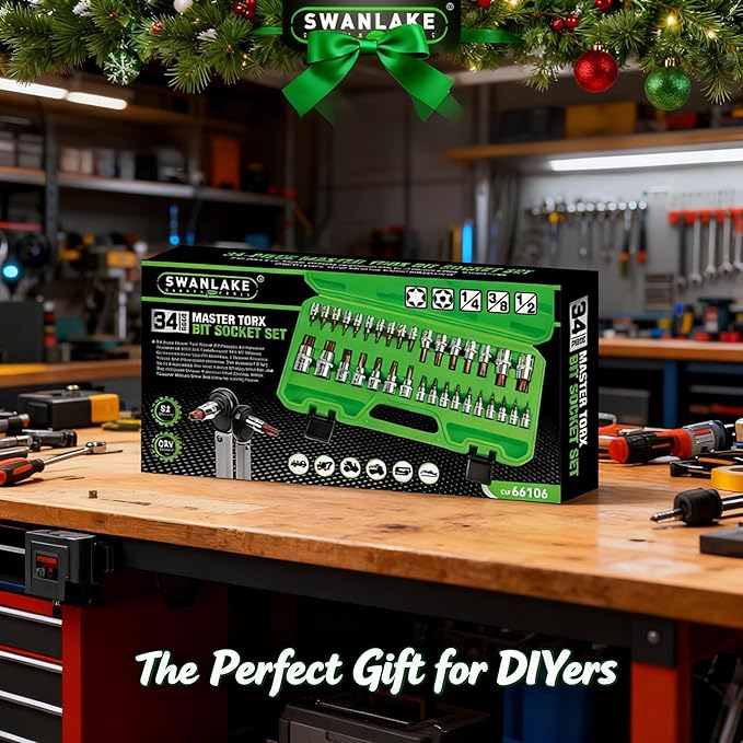 SWANLAKE GARDEN TOOLS 34-Piece Torx Bit Socket Set, Tamper Proof T6-T70, Solid Star Bits Set, Premium CR-V & S2 Alloy Steel Star Socket Sets, Torque Bit Sets with Storage Case