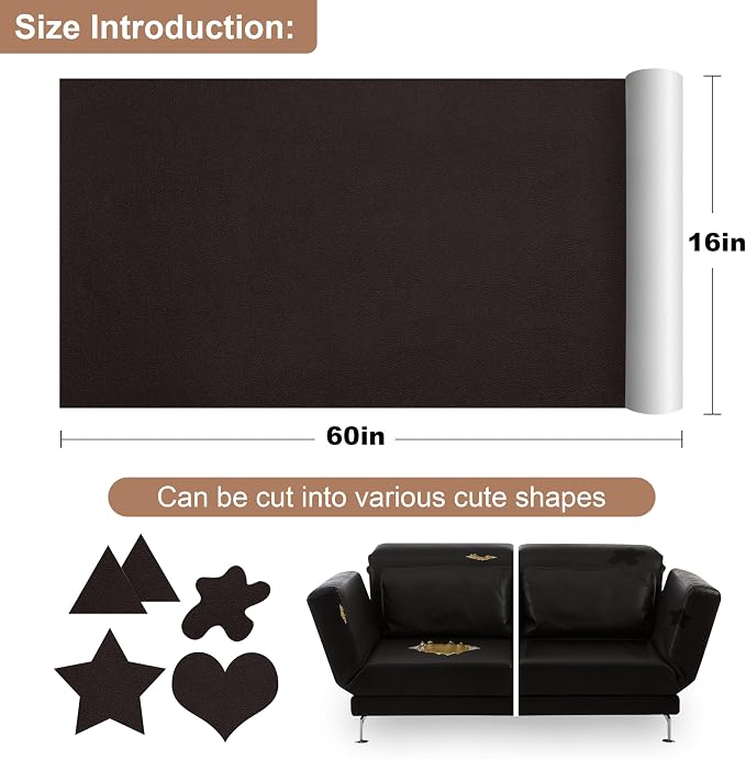 ONine Leather Repair Patch, Self-Adhesive Couch Patch, Multicolor Available Scratch Leather 16X60 Inch Peel and Stick for Sofas(Dark Brown-Fine Grain)
