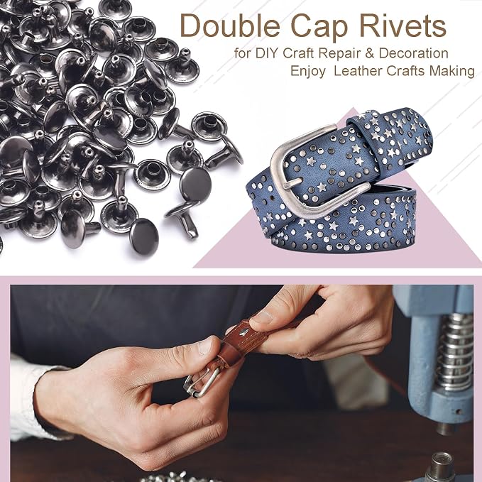 200Sets Rivets for Leather, 10mm Double Cap Leather Rivets Metal Tubular Studs for Key Fob Clothing Pets Collar Boots Bags Belt Repair and Decoration (Black)
