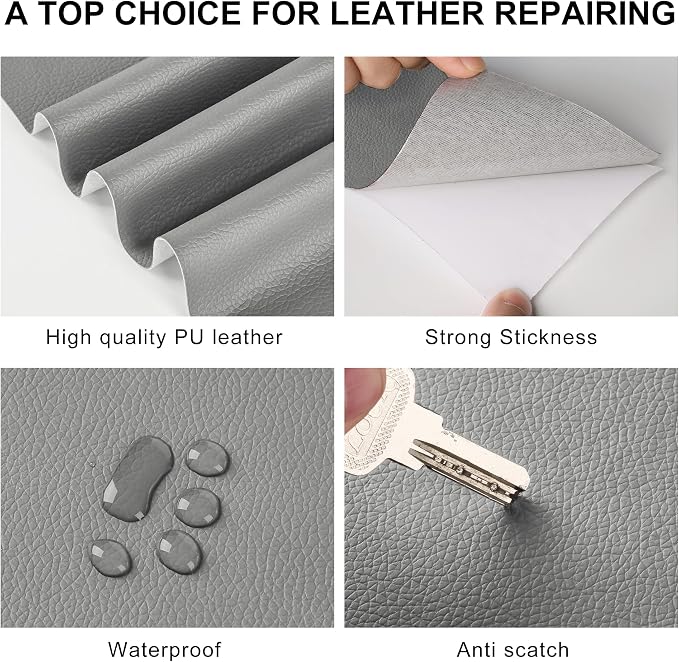 YAFLC Leather Repair Patch for Furniture, 4" x 63" Self Adhesive Leather Repair Kit Vinyl Repair Tape for Car Seat Sofa Jackets Couches Chair Grey