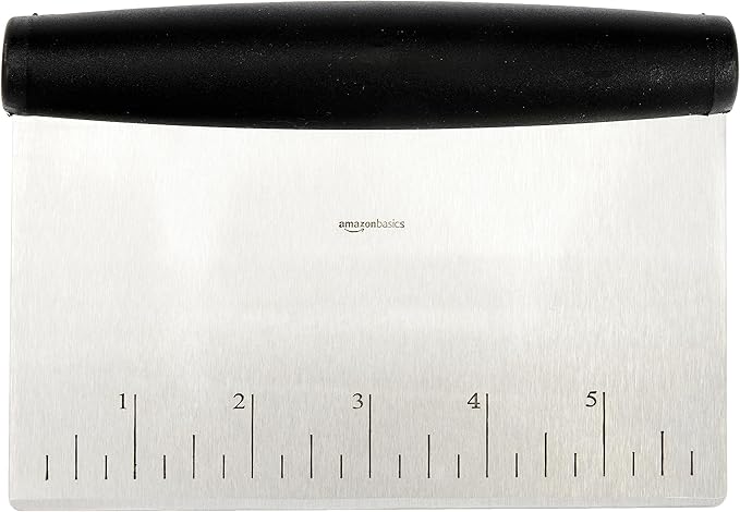 Amazon Basics Multi-Purpose Bench Scraper, Stainless Steel Dough Cutter with Measurement Marks, Dishwasher Safe, Non-slip Contoured Grip, 6", Black, Silver