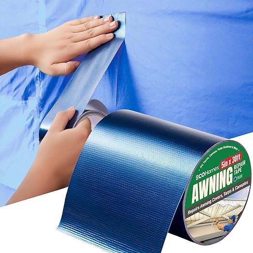Awning Covers & Tarp Repair Tape - Waterproof Self Adhesive Patch Repair Kit | Patch Tapes for Awnings, Outdoor Canopies, Patio Window Awnings, Gazebos, Tents, RV, Canvas, Boat Covers (Blue, 5 Inch)