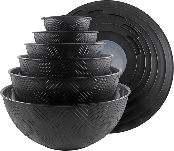 COOK WITH COLOR Mixing Bowls with Lids - 12 Piece Plastic Nesting Bowls Set includes 6 Prep Bowls and 6 Lids, Microwave Safe Mixing Bowl Set, Black Rhombus