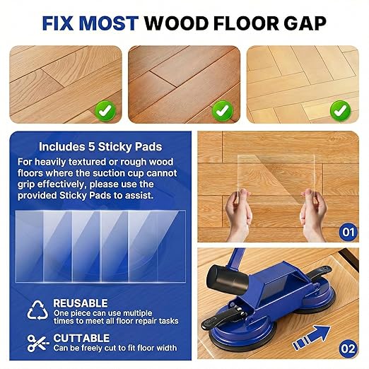 Floor Gap Fixer Tool Heavy Duty 45°Striking Surface Floor Gap Repair Tool Made of Iron & Enhanced Suction Cup with Slot Cutter, Hammer and 5pcs Sticky Pads for Fixer Laminate/Vinyl Flooring Tools