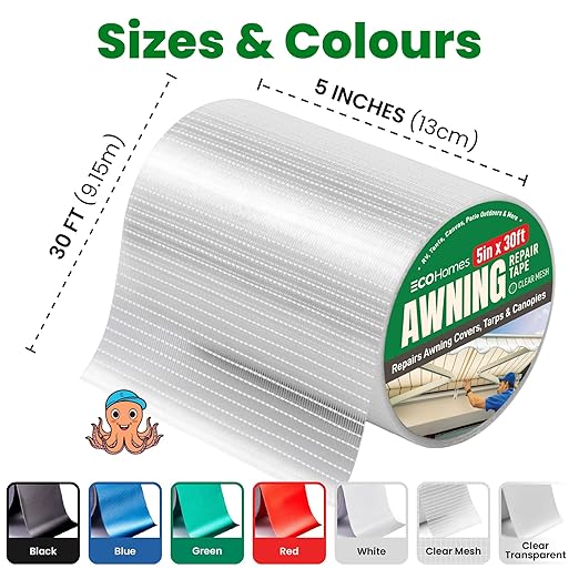 Awning Covers & Tarp Repair Tape - Waterproof Self Adhesive Patch Repair Kit | Patch Tapes for Awnings, Outdoor Canopies, Patio Window Awnings, Gazebos, Tents, RV, Canvas, Boat Covers (Clear Mesh, 5")