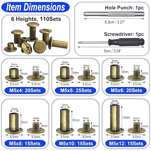 YORANYO 110Sets Chicago Screws Leather Rivets Assorted Screw Rivets Chicago Binding Screws for Decorate and Repair Leather Craft Belt Bag Shoes Purse Bookbinding (Bronze, M5*4,5,6,8,10,12)