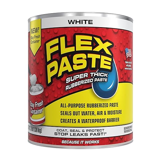 Flex Paste, Waterproof Paintable Putty, Spackle Sealant, Fill Gaps Cracks Holes - Block Out Water and Air - UV Resistant - Walls, Drywall, EPDM, Concrete, Roof, RV Repairs, White, Quart