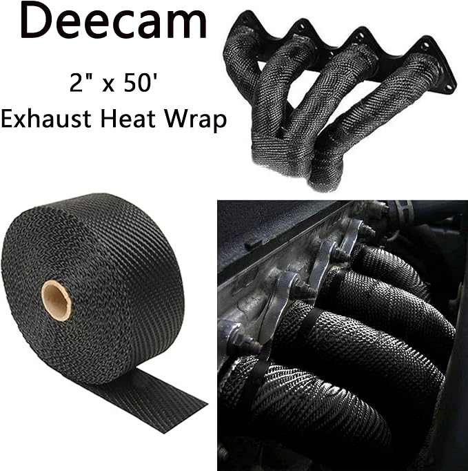 Deecam Exhaust Wrap, Black Exhaust Header Heat Wrap, 2'' x 50' Motorcycle High Temp Heat Shield Tape Roll for Exhaust Pipes with 12 Stainless Steel Ties