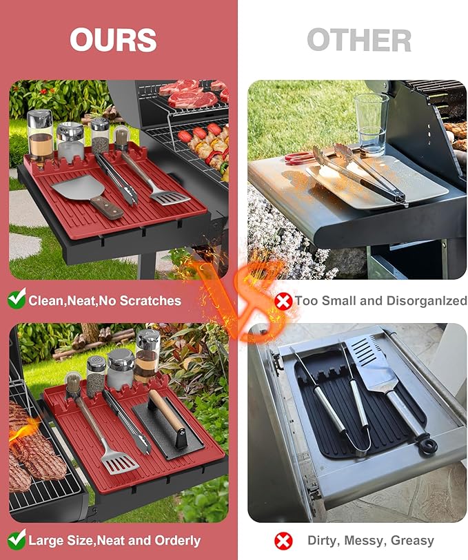 Silicone Grill Mat Compatible with Blackstone, BBQ Griddle Tools Mat with Drip Pad, Large Spatula Holder for Outdoor Kitchen Counter, Gifts for Men (red)