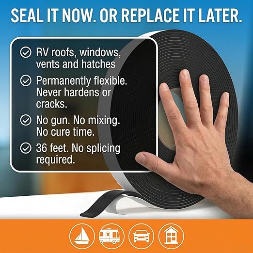 Better Boat Butyl Tape for RV Roof and Boat, 36 Feet Black Putty Window Sealant Tape, Waterproof Weather Resistant, 3/4 Inch Wide x 1/8 Inch Thick