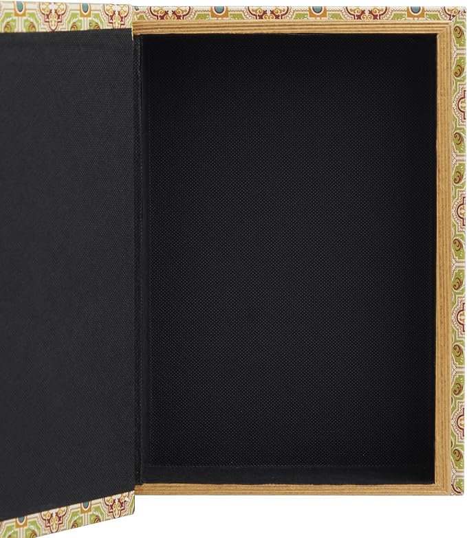 Deco 79 Canvas Decorative Box Storage Book Book Shaped Boxes with Arabesque Pattern and Gold Page Inspired Detail, Set of 3 Decorative Keepsake Boxes 12", 10", 8"H, Multi Colored