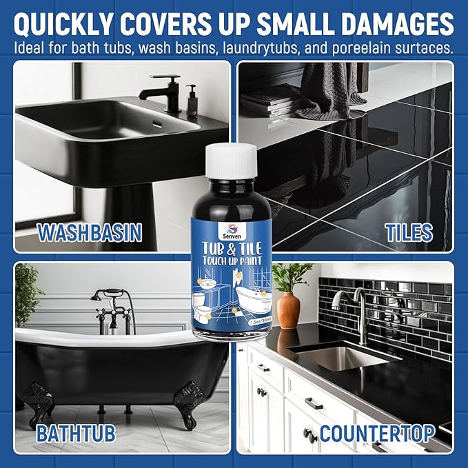 Tub Tile Gloss Black Paint Touch Up Paint Kit for Bathtub Porcelain Repair Scratches Cracks Chips on Porcelain Acrylic Enamel Cast Iron Tiles Sinks Toilets Black
