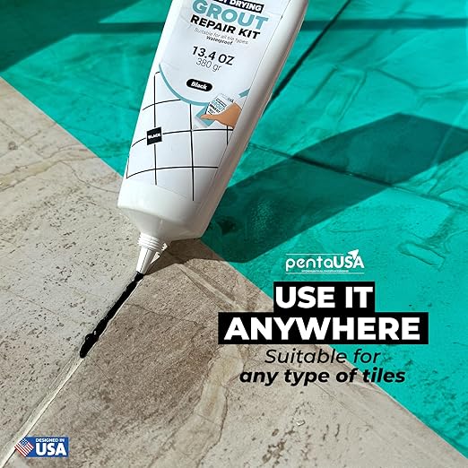 PentaUSA Tile Grout Repair Kit - Black Premixed Acrylic Sanded Grout, Water-Resistant Grout Filler for Bathroom&Shower, Kitchen Floor, Fast Drying, with Applicator, 13.4 oz (380g)