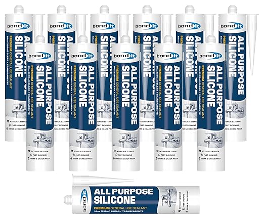 Bond It All Purpose Silicone, Premium General Use Acetoxy Sealant, Waterproof Flexible Silicone for Bathroom, Kitchen, Windows, Doors, Showers, Indoor, Outdoor Sealing, 10 oz, Pack of 12, Clear