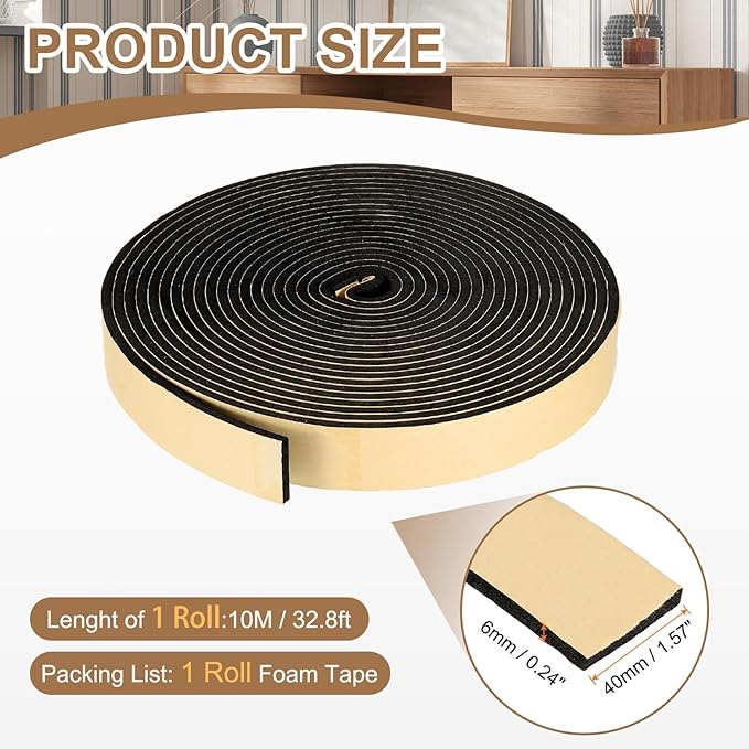 PATIKIL Foam Insulation Tape, 1-1/2" W x 1/4" t x 32.8FT Self Adhesive Weather Stripping Door Seal Strip for Door Window Air Conditioning, Black