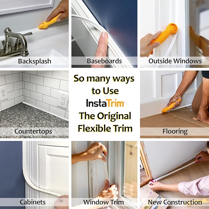 InstaTrim The Original Flexible Trim - 50ft White 3/4" Wide Caulk Tape - Adhesive Trim Sealant with Many Uses Including Bathtubs, Sinks, Counters, Floors, Windows, Doors and More - Made in USA