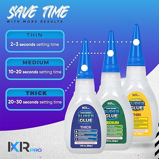 ixirpro CA Glue Kit – Thin, Medium & Thick Viscosity Set (3 × 1.75 oz) | Cyanoacrylate Super Glue with Tips & Caps | Fast-Drying, Strong Adhesive for Wood, Metal, Plastic, Crafts, Models & 3D Printing