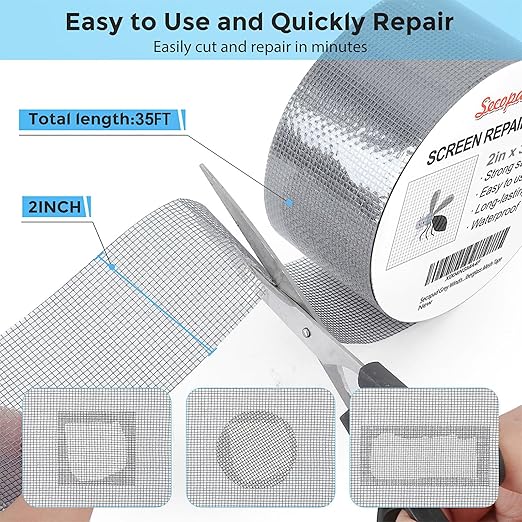 Secopad Grey Window Screen Repair Tape, 2IN X 35FT (420IN) Screen Repair Kit for Windows or Doors, Strong Adhesive Patch Kit Fiberglass Mesh Tape