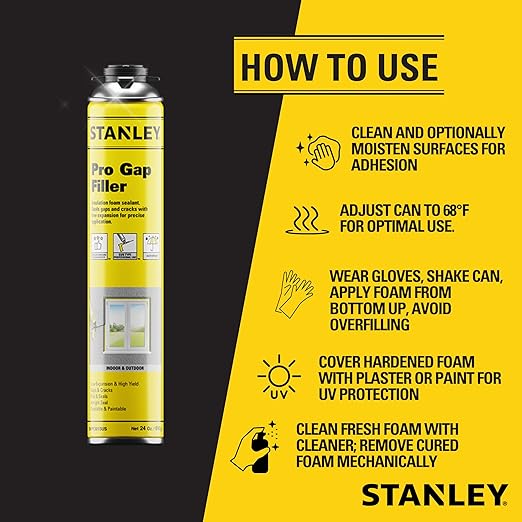 STANLEY F902P Pro Gap Filler - (1x24oz) Window & Door Filler, Gaps & Cracks, Expanding Spray Foam Sealant | Use Applicator, Gun Not Included | 24 Oz, 1 Pack