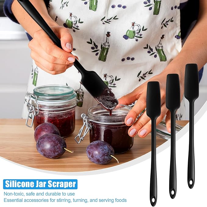 Patelai 3 Pieces Silicone Jar Spatula Long Handle Rubber Spatula Heat Resistant Non-Stick Silicone Scraper Kitchen with Stainless Steel Core for Baking(Black)
