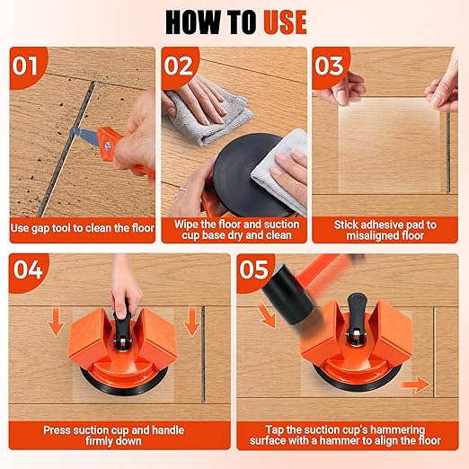 Floor Gap Fixer Tool: Flooring Repair Tool with Dual 45° Striking Surface & Suction Cup for Laminate & Vinyl Plank (LVP/SPC) Floors, Floor Gap Puller Kit with Rubber Mallet, 6 Sticky Pads & Scraper
