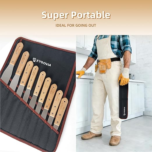 9-Piece Caulking Spatula with Wooden Handle, Professional Stainless Steel Caulk Tool Set Finishing Tools, Streamline Spatulas for Caulk Application