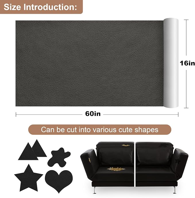 ONine Leather Repair Patch，Self-Adhesive Couch Patch，Multicolor Available Scratch Leather 16X60 Inch Peel and Stick for Sofas, Car Seats Hand Bags Jackets(Gray Leather)