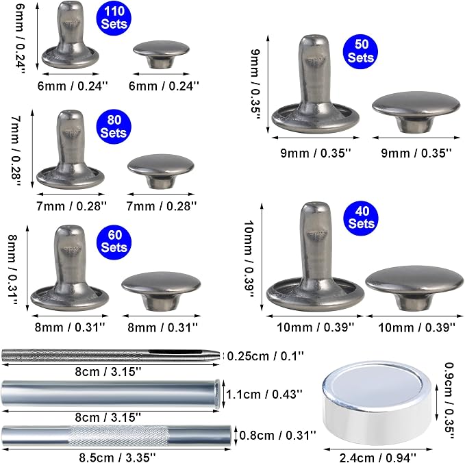 YORANYO 340 Set Mixed Size Leather Rivets Kit - Double Cap Rivets Studs for Clothing Fabric, Shoes, Bags, Belts - Gunmetal