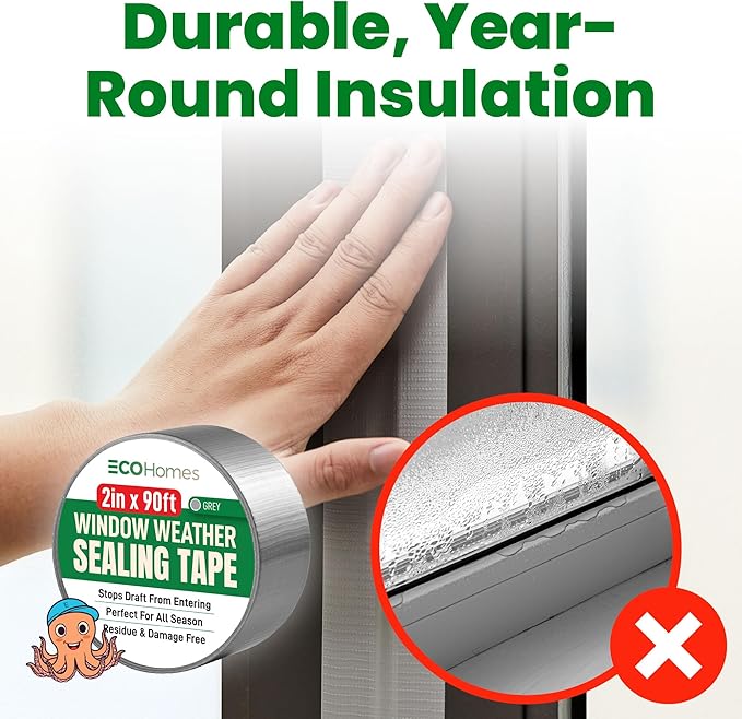 ECOHomes Window Weather Sealing Tape | Winter Weather Stripping Tape to Block Cold Drafts Through Window Gaps and AC Units, Insulation Seal and Draft Blocker for Home (2 Inch by 90 FT, Grey)
