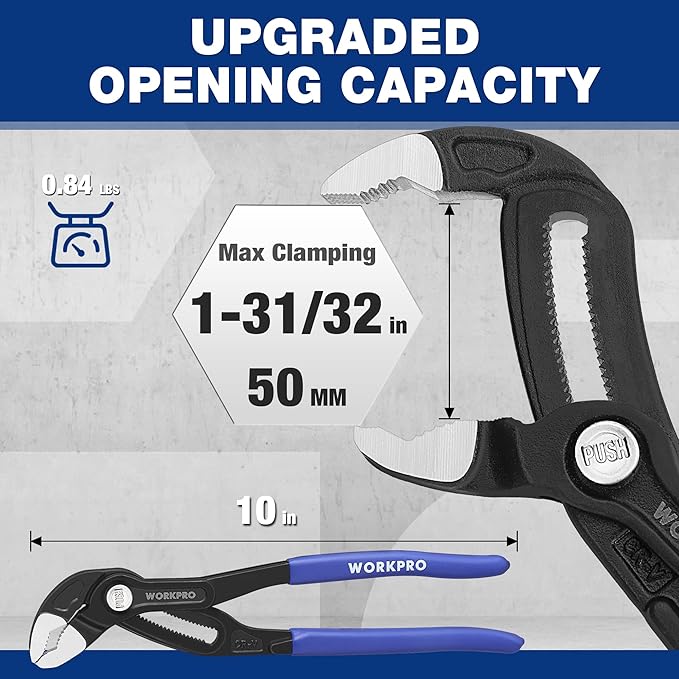 WORKPRO 10 Inch Water Pump Pliers, V-Jaw Groove Joint Pliers, CR-V Quick Adjustable Pliers for Home and Industrial Repair, Push-Lock, Soft Grip, Upgraded Wide Opening