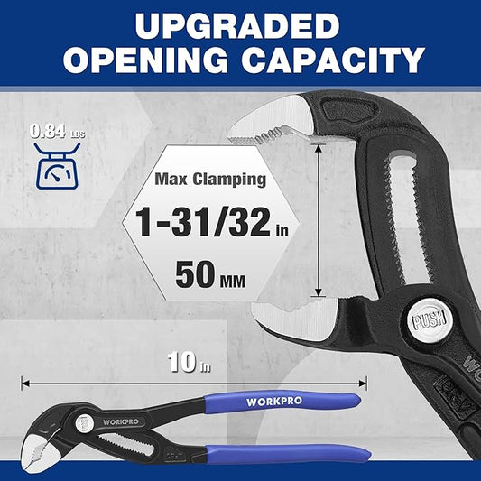 WORKPRO 10 Inch Water Pump Pliers, V-Jaw Groove Joint Pliers, CR-V Quick Adjustable Pliers for Home and Industrial Repair, Push-Lock, Soft Grip, Upgraded Wide Opening