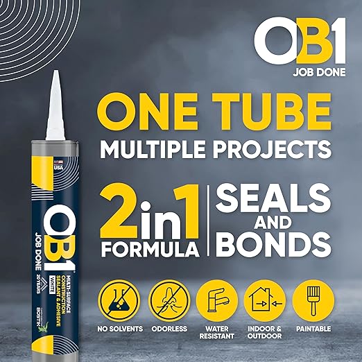 OB1 Universal Caulk Sealant & Adhesive White 10.1oz | Professional Grade Premium All-in-One Advanced Hybrid 2-in1 | Water Resistant Internal & External | Shrink Crack UV & Fade Resistant | 1 Cartridge