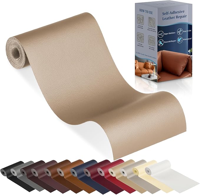 YAFLC Leather Repair Patch for Furniture, 4" x 63" Self Adhesive Leather Repair Kit Vinyl Repair Tape for Car Seat Sofa Jackets Couches Chair Medium Beige