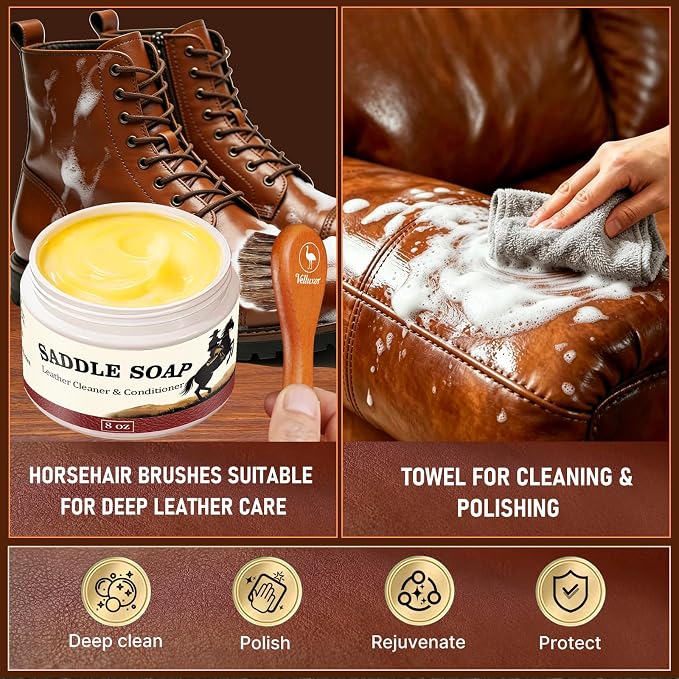 Yellow Saddle Soap for Leather 8oz - Leather Cleaner and Conditioner to Soften, Protect & Restore Leathercraft - Leather Cleaner for Car Seats, Couch, Shoes, Purse, Boots, Handbag & Saddle