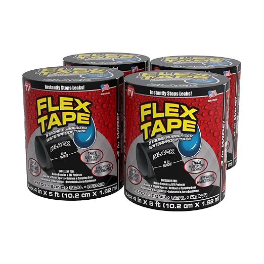 Flex Tape, Original Thick Flexible Rubberized Waterproof Tape - Seal and Patch Leaks, Works Underwater, Indoor Outdoor - Home RV Roof Plumbing and Pool Repairs, Black, 4 in x 5 ft, Case of 4