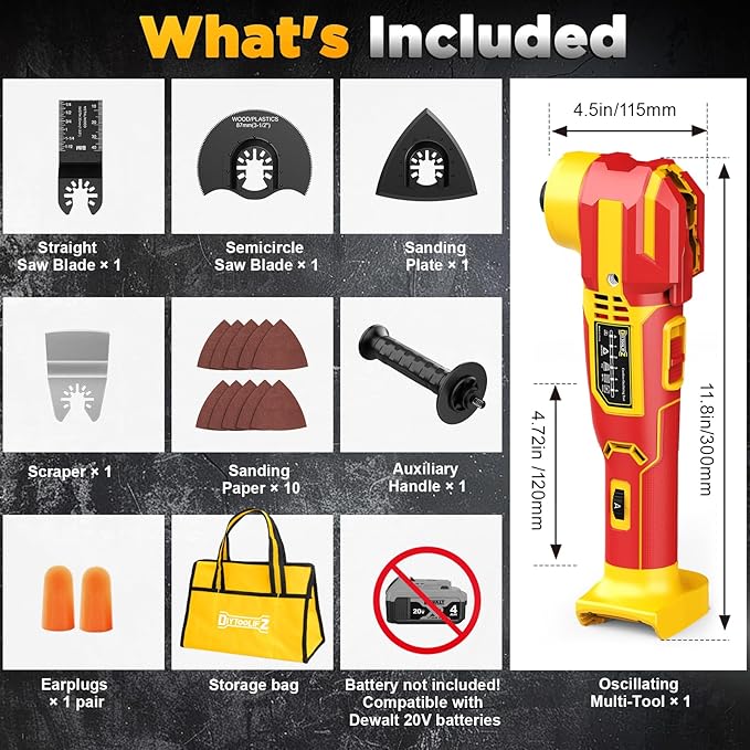 Cordless Oscillating Multi-Tool Compatible with DeWalt 20V Battery(Tool Only),21000 OPM Brushless Motor Power Oscillating Tools,4.5° Swing Angle,Side Battery Layout for Sanding/Cutting/Scraping