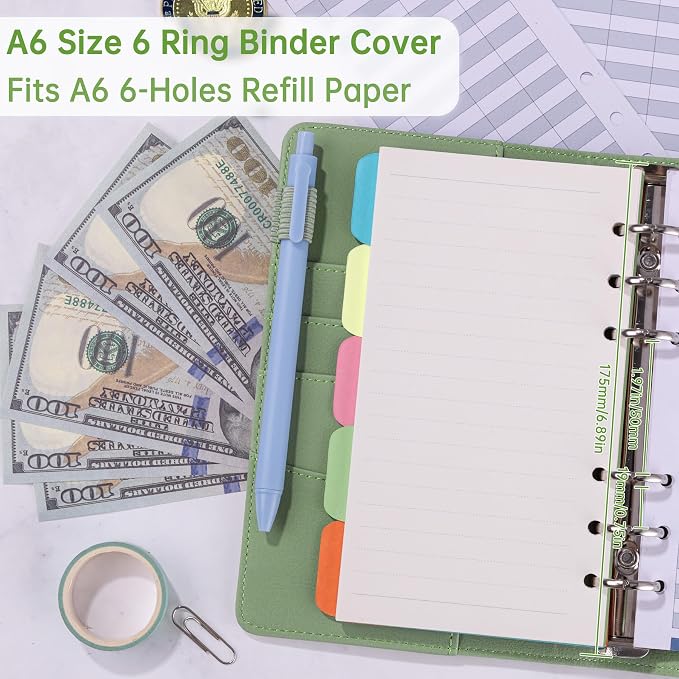 Antner A6 Notebook Binder Refillable 6 Ring Budget Binder Cover for A6 Refill Paper, PU Leather Budget Planner Organizer with Magnetic Buckle, Loose Leaf Personal Planner, Matcha Green