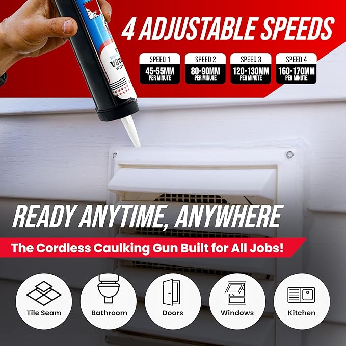 PROMAKER Cordless Caulking Gun, 21V Caulk gun w/ 2 Batteries, LED Light, Adjustable Speed, 3 Nozzle Adapters, 5 Knife Heads, 10 Oz Capacity, 550Lb Pushing Force, Caulk Tool Trowel & Scraper