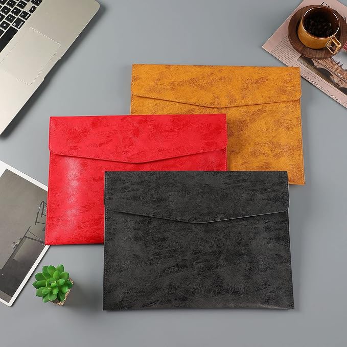 PU Leather A4 File Folder Document Holder Stylish Portfolio Envelope Folder Case with Snap Closure for Receipt Contract Black