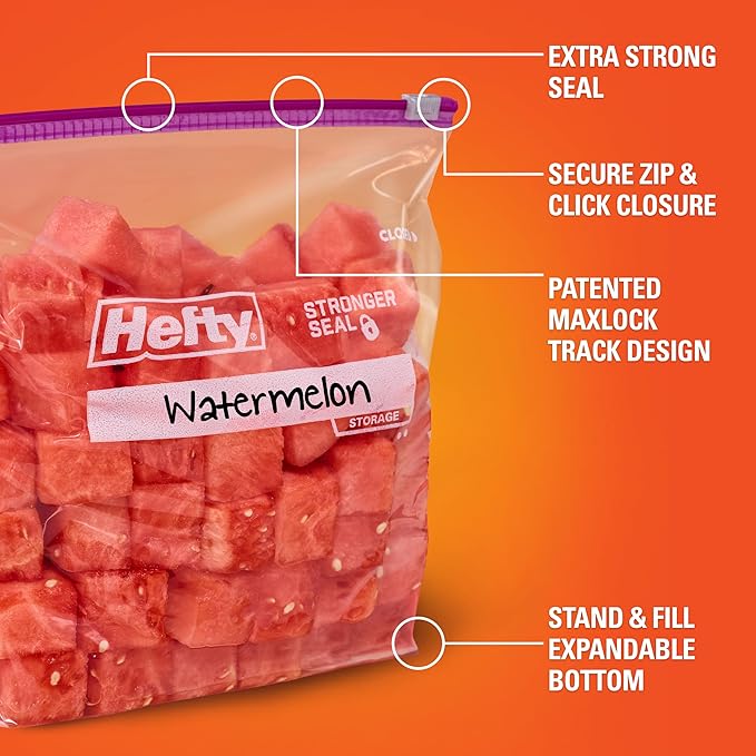 Hefty Slider Kitchen Storage Bags, Gallon Size, Zipper Closure, 66 Count
