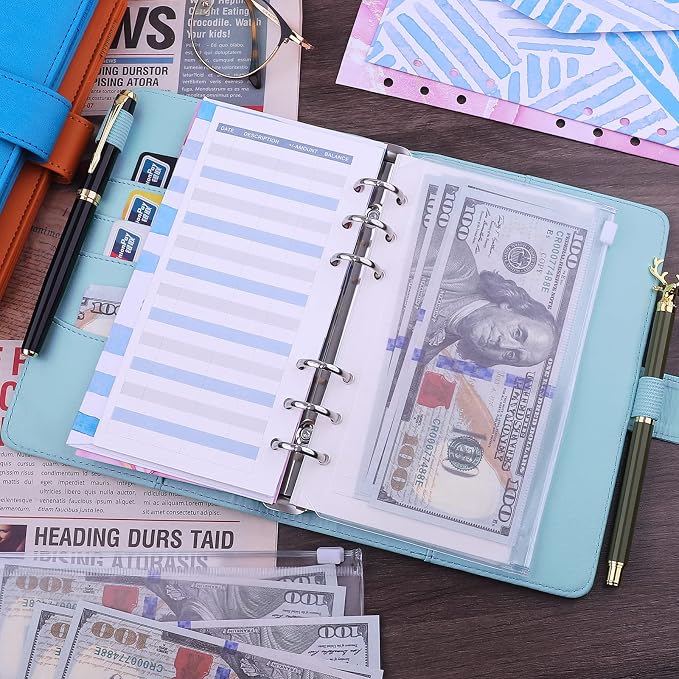 Antner A6 PU Leather Notebook Binder Refillable 6 Ring Budget Binder for A6 Filler Paper, Loose Leaf Personal Planner Binder Cover with Magnetic Buckle, Mint Blue