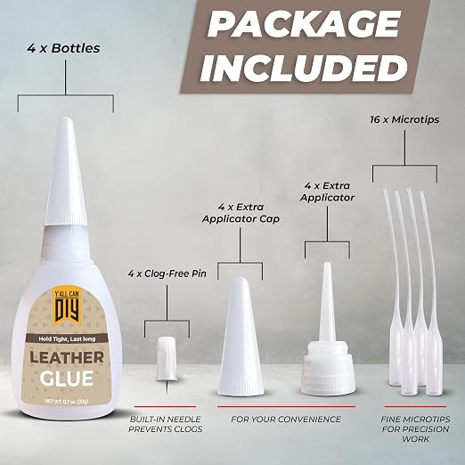 Y'allCanDiy Super Glue for Leather 4 Pk x .7 Oz. (20g)- Leather Glue - Adhesive for Purses, Sofas and Furniture. Heavy Duty Waterproof Cyanoacrylate Based Adhesive for Leathercraft, Upholstery