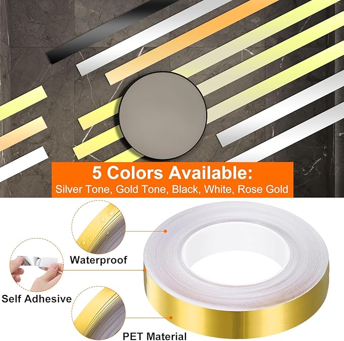 HARFINGTON 2Pcs Floor Tiles Gold Foil Lines Metallic Mirror Tape 0.98" x164 Ft Self Adhesive Decor Floor Wall Seam Sticker Waterproof Gap Sealing Tape for Kitchen Bathroom Cabinet
