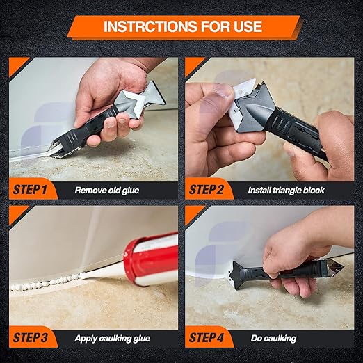 Caulking Tool 5 in 1 Silicone Caulk Remover Tool Kit, Grout Removal & Sealant Finishing Tool with Stainless Steel Scraper, 5 Silicone Pads for Bathroom Kitchen Sink Window Seam Repair