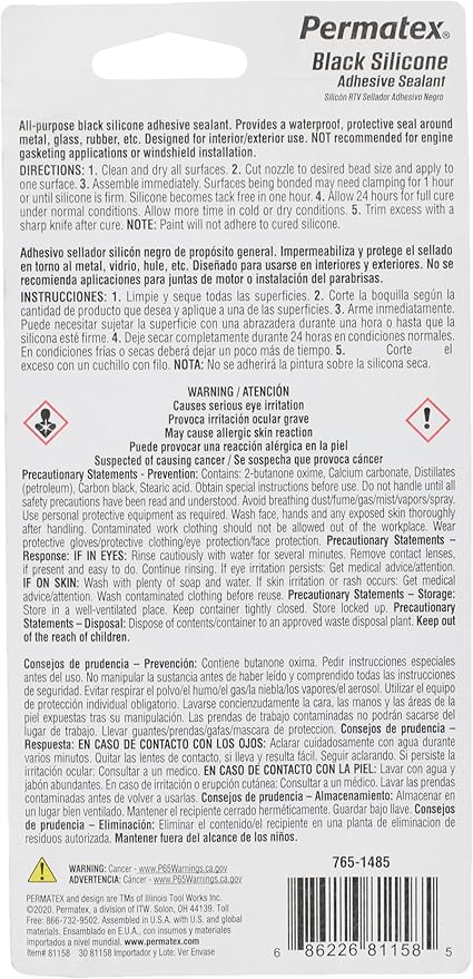 Permatex 81158 Black Silicone Adhesive Sealant, 3 oz. Tube, Pack of 2