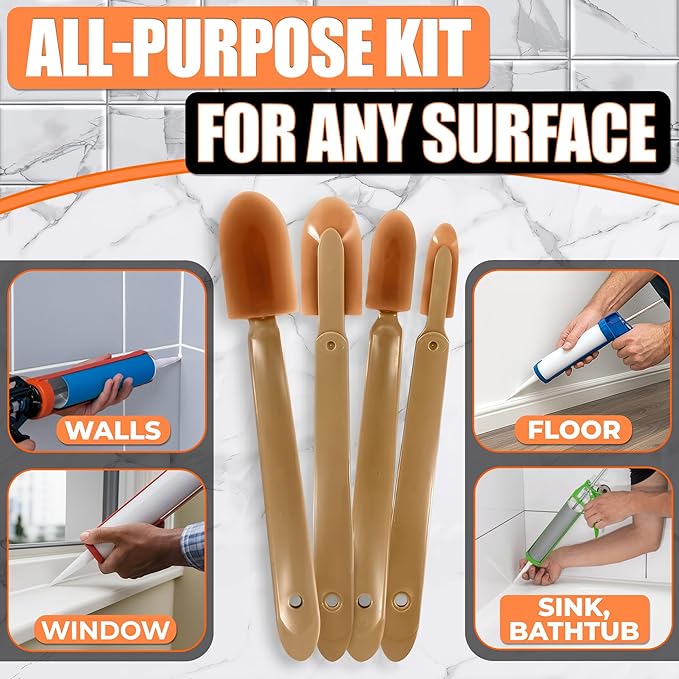 4-Piece Caulking Tool Kit for Silicone Sealant & Grout – Finishing & Smoothing Caulk Tool Set for Bathroom, Kitchen, Tile & Window – Reusable Urethane Rubber Tips with ABS Handle, Sizes 0.78"-1.73"