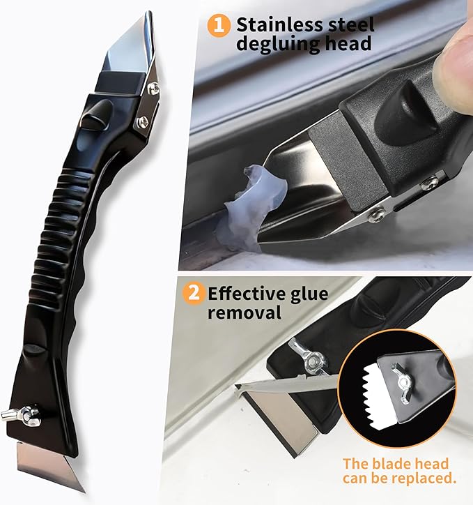 Caulking Tool, Caulk Remover Tool, Putty Knife Scraper, 3 Glass Glue Corner Scrapers, Grout Removal Tool with Stainless Steel Head for Kitchen Bathroom and Window