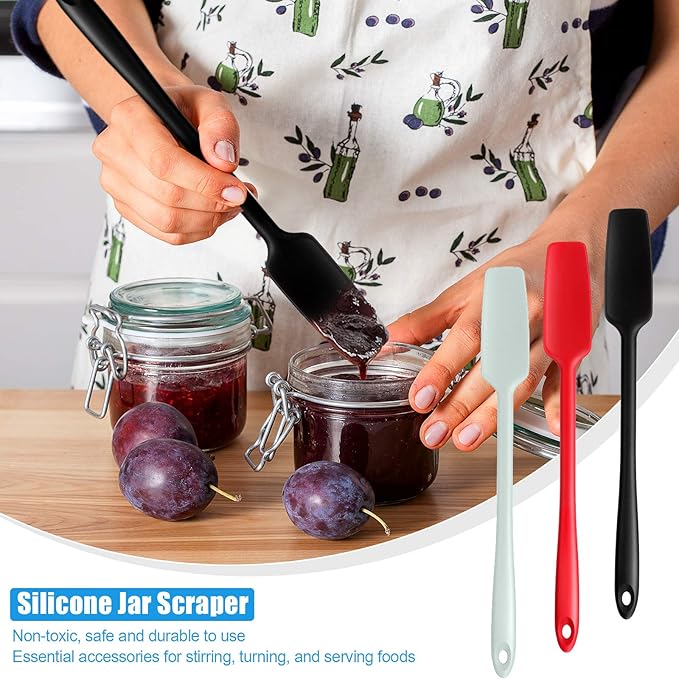 Patelai 3 Pieces Silicone Jar Spatula Long Handle Rubber Spatula Heat Resistant Non-Stick Silicone Scraper Kitchen with Stainless Steel Core for Baking(Red, Black, Light Green)