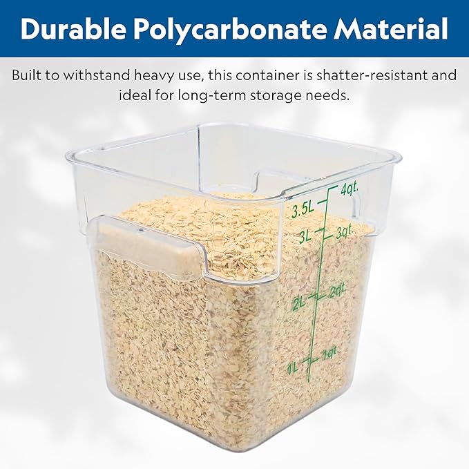 FSE Square Food Storage Container with Green Lid, 4 Quart, Polycarbonate, Reusable, Clear, NSF