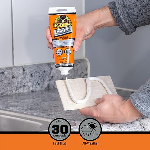 Gorilla Heavy Duty Construction Adhesive, White Glue, 7 Ounce Squeeze Tube (Pack of 1) - Gap Filling and Waterproof
